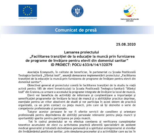 Lansarea proiectului „Facilitarea tranziției de la educație la muncă prin furnizarea de programe de învățare pentru elevii din domeniul sanitar”, ID PROIECT: POCU 633/6/14/132079