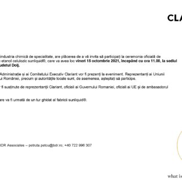 Clariant, lider global în industria chimică de specialitate, are plăcerea de a vă invita să participați la ceremonia oficială de deschidere a fabricii de etanol celulozic sunliquid®, care va avea loc vineri 15 octombrie 2021, începând cu ora 11.00, la sediul Clariant din Podari, Judetul Dolj
